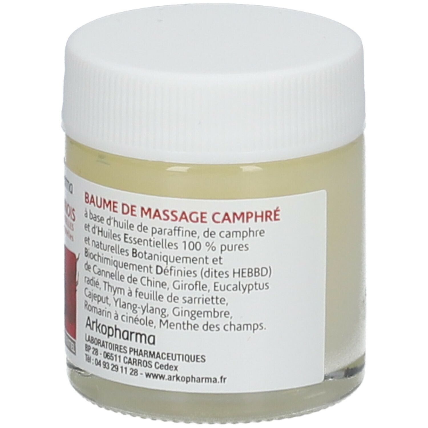 Pot en verre avec couvercle blanc. Inscription: Baume de massage camphré, Arkopharma.