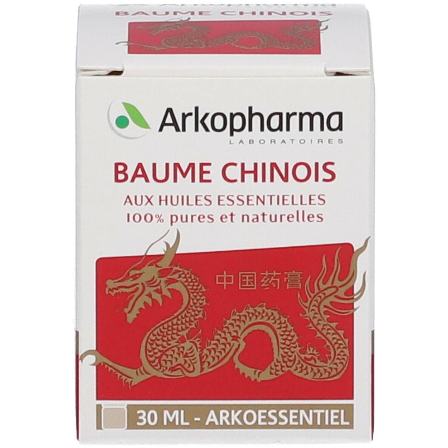Emballage. Inscription: Arkopharma, Baume Chinois, 30 ml. Dragon rouge.