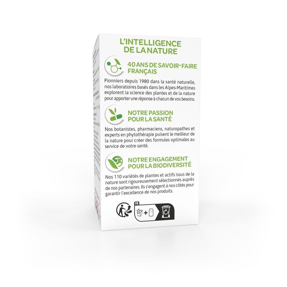 Dos de la boîte avec texte et informations. Contient 45 gélules. Vegan.