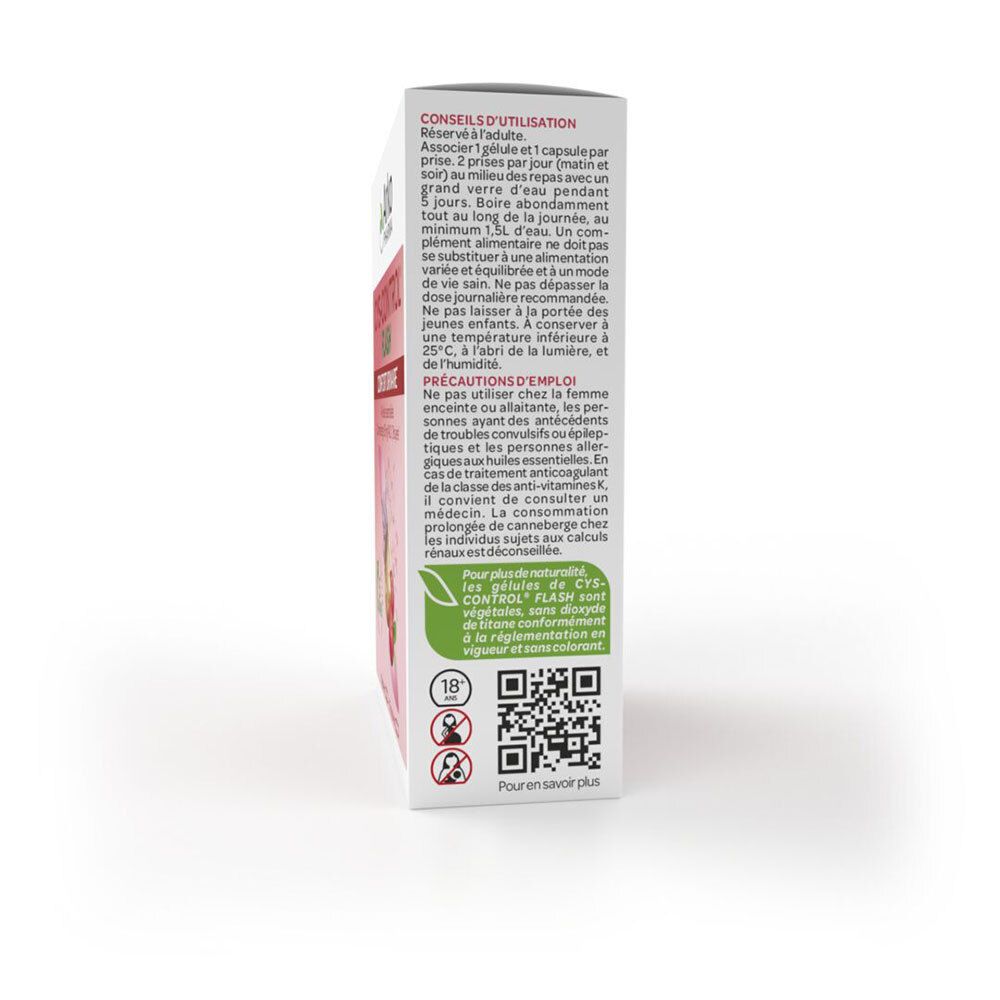 Rückseite der Cys-control® Flash-Verpackung. Text mit Anweisungen und Vorsichtsmaßnahmen.