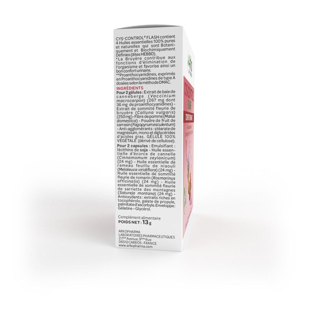 Seite der Cys-control® Flash-Verpackung. Auflistung der Inhaltsstoffe und Informationen.