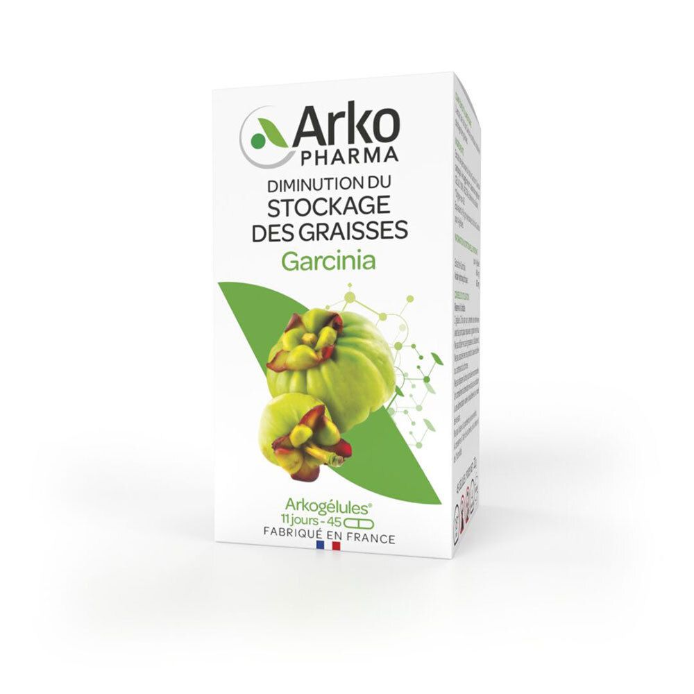 Boîte blanche Arkopharma avec image du produit Garcinia. Texte: Diminution du stockage des graisses. Arkogélules.