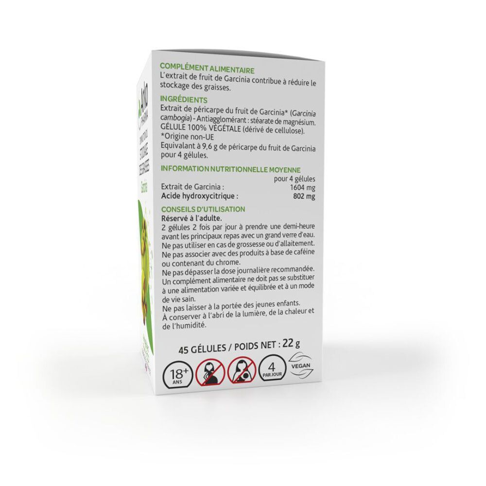 Dos de la boîte blanche. Texte: Ingrédients, conseils d'utilisation, informations nutritionnelles. 45 gélules, 22g.