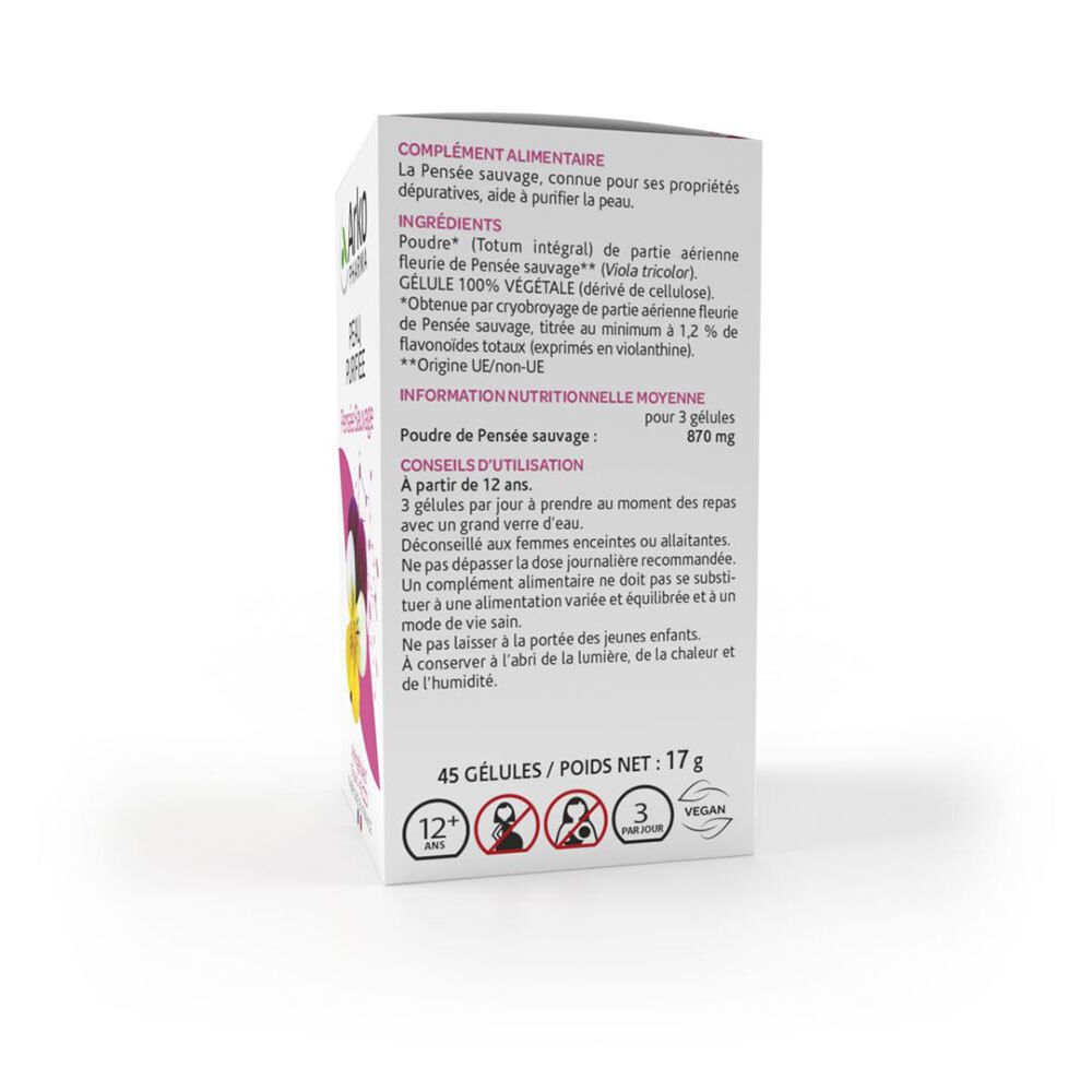 Achterkant van de doos. Ingrediënten, gebruiksaanwijzing, waarschuwingen. 45 capsules, 17g. Veganistisch logo. Gemaakt in Frankrijk.