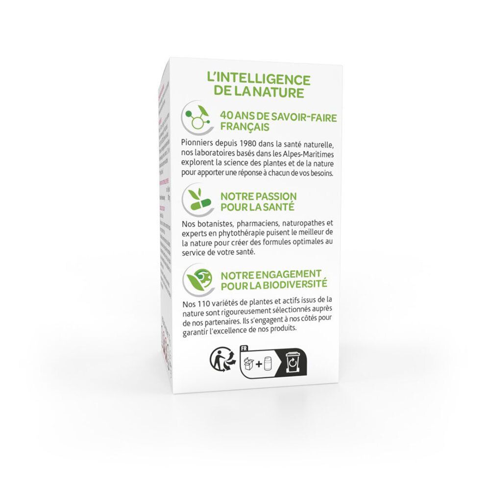Zijkant van de doos. Informatie over het bedrijf, zijn waarden en zijn milieu-engagement. QR-code.