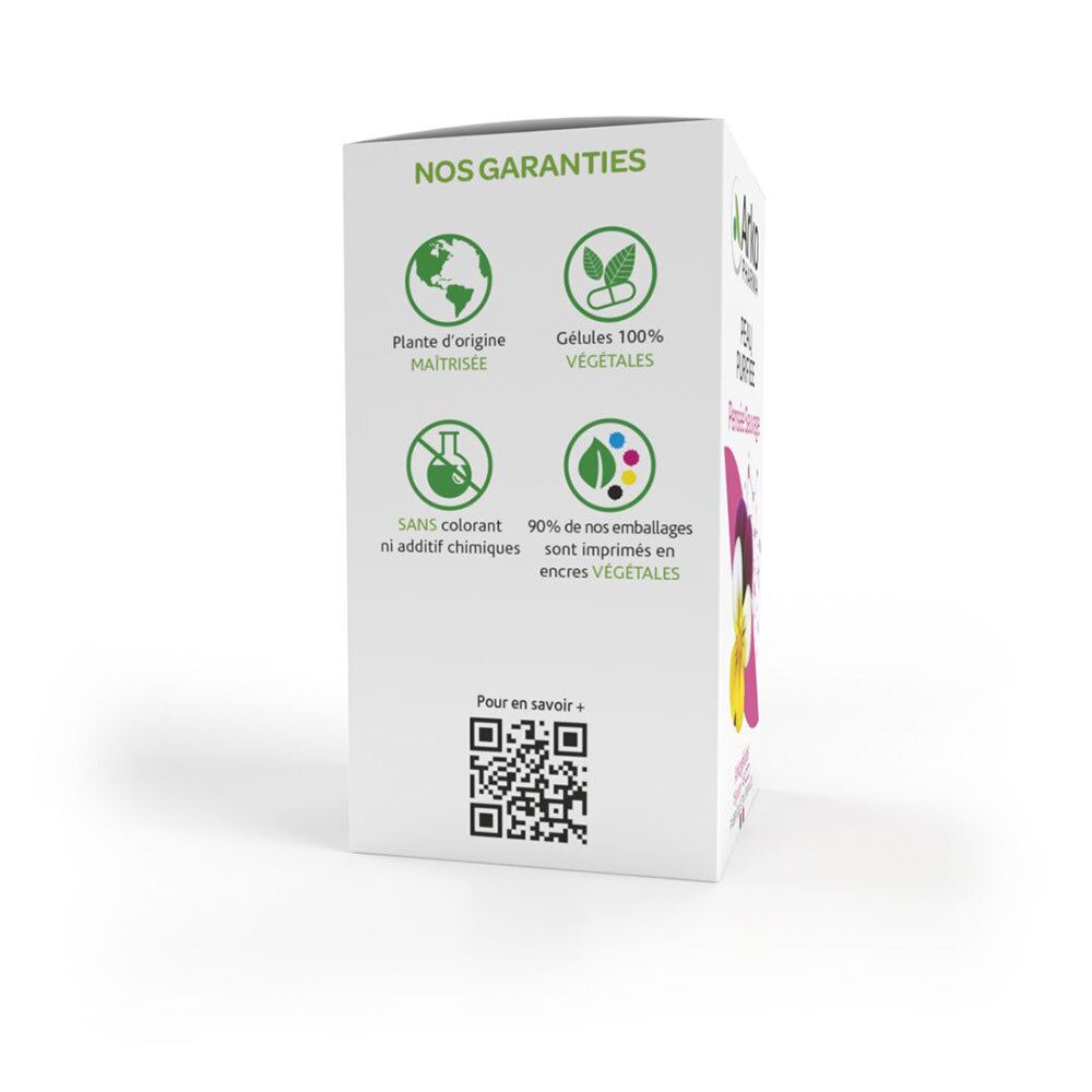 Achterkant van de doos. Logo's: plantaardige oorsprong, 100% plantaardige capsules, zonder kleurstof, 90% gerecyclede verpakking.