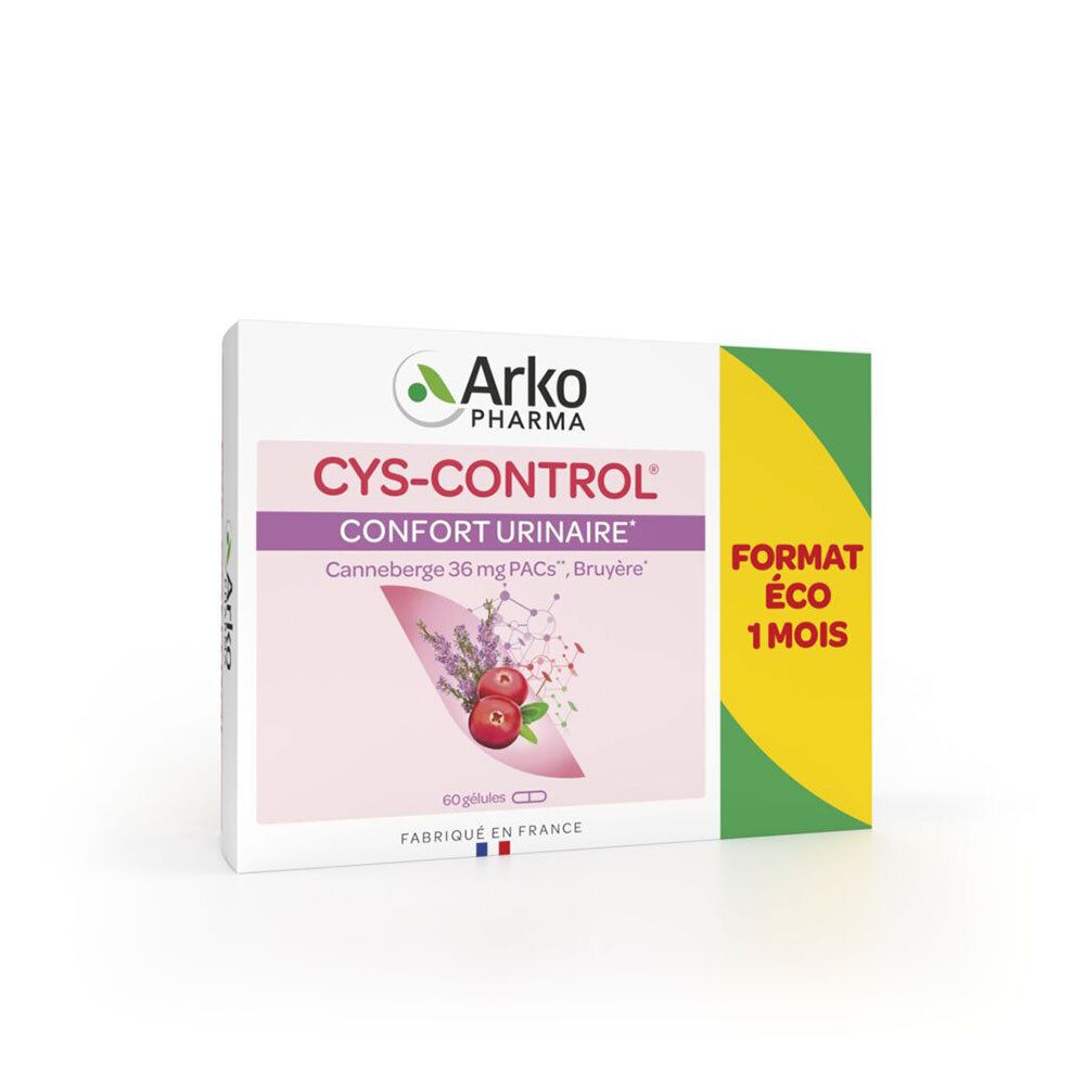 Boîte de CYS-CONTROL®. Logo, nom du produit et illustrations. Contient 60 gélules.