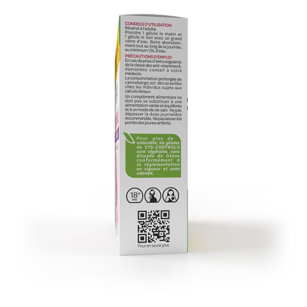 Dos de la boîte CYS-CONTROL® avec informations. Contient un QR code et des indications d'âge.