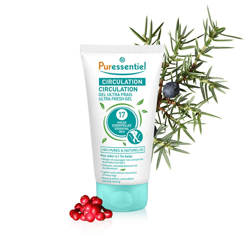 Weiße Tube mit grün-blauer Beschriftung. Text: Circulation Gel Ultra Frais, 17 Huiles Essentielles. Logo: Puressentiel. Zweig mit Beeren.