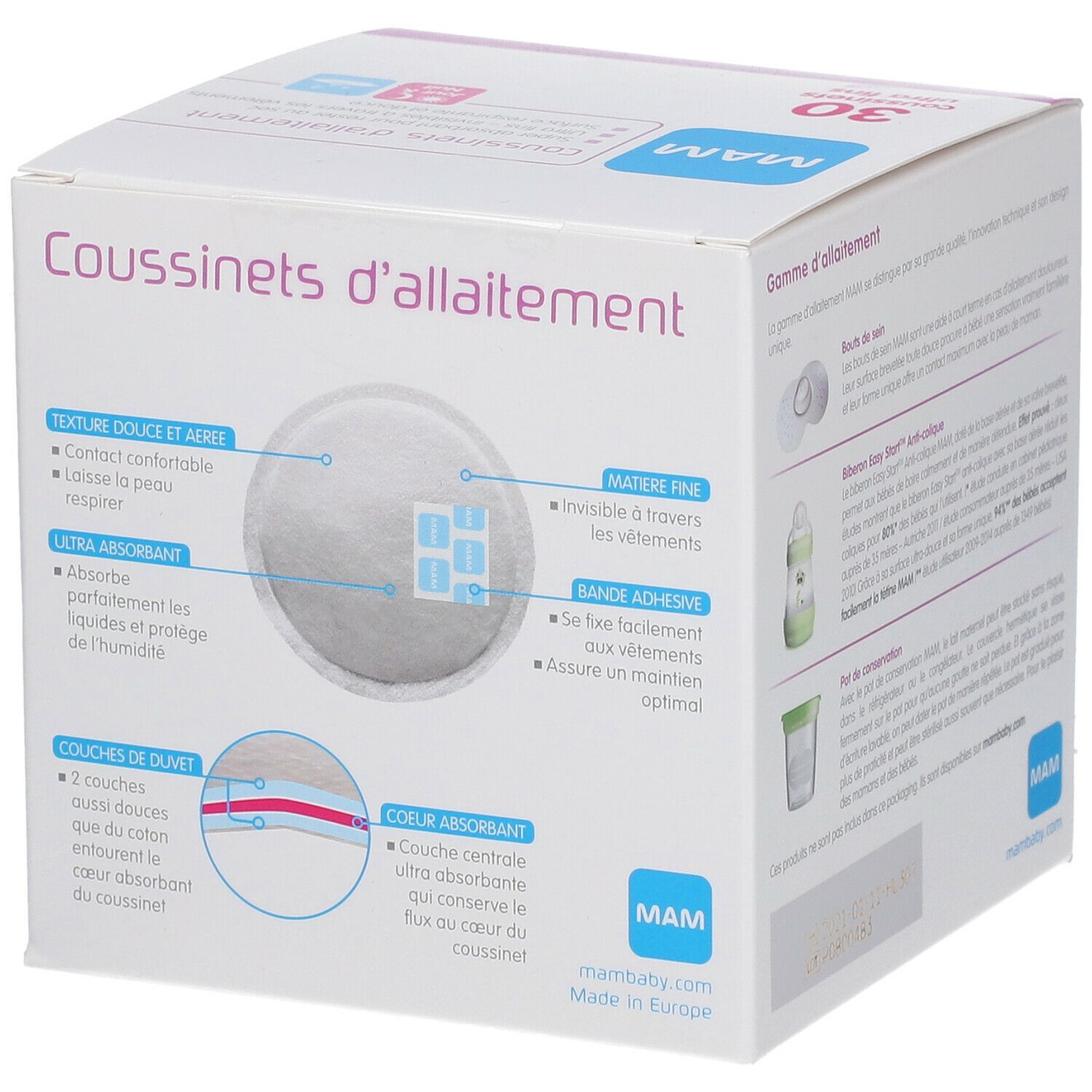 Boîte de 30 coussinets d'allaitement ultra fins MAM. Diagrammes et caractéristiques du produit.