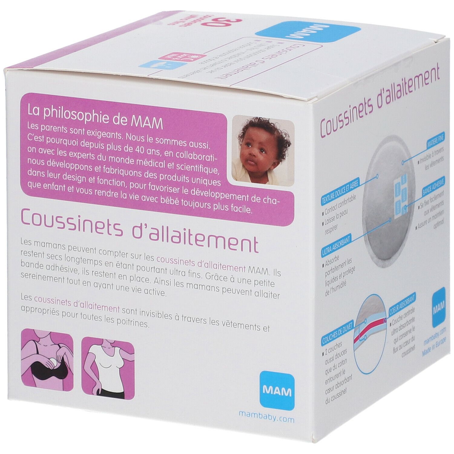 Boîte de 30 coussinets d'allaitement ultra fins MAM. Texte, illustrations de produits et un bébé.