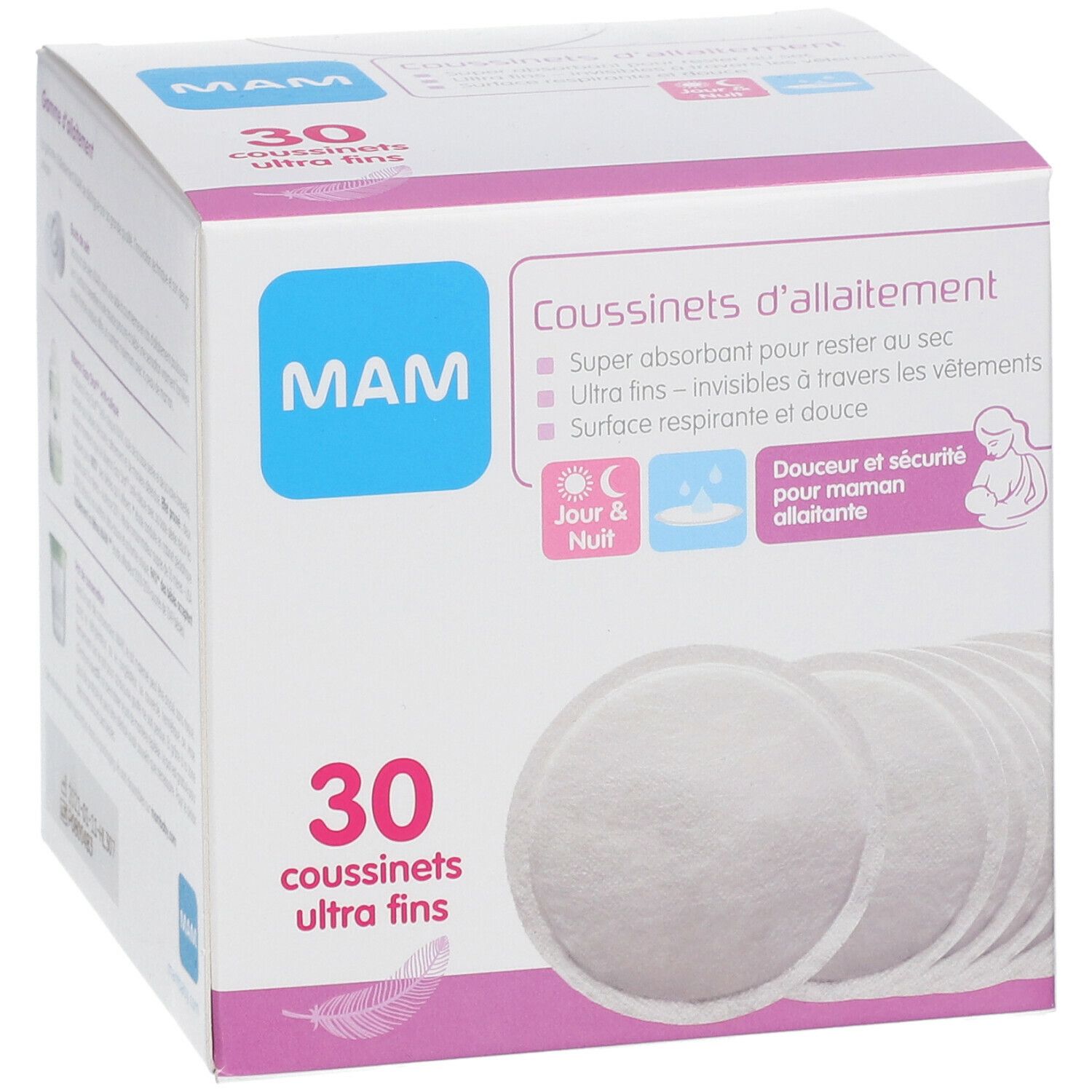 Boîte de 30 coussinets d'allaitement ultra fins MAM. Coussinets ronds blancs visibles.
