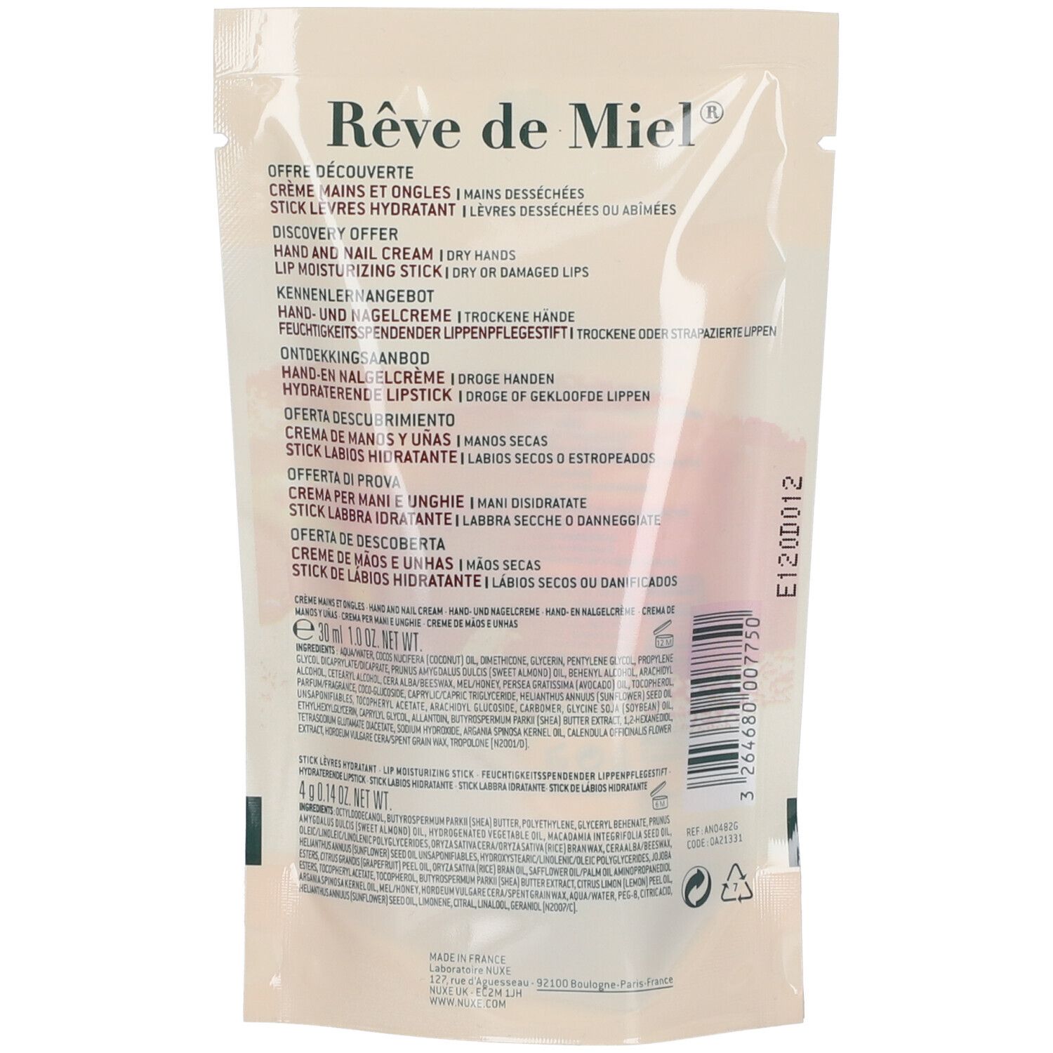 Dos du coffret cadeau. Nom du produit et ingrédients en plusieurs langues.