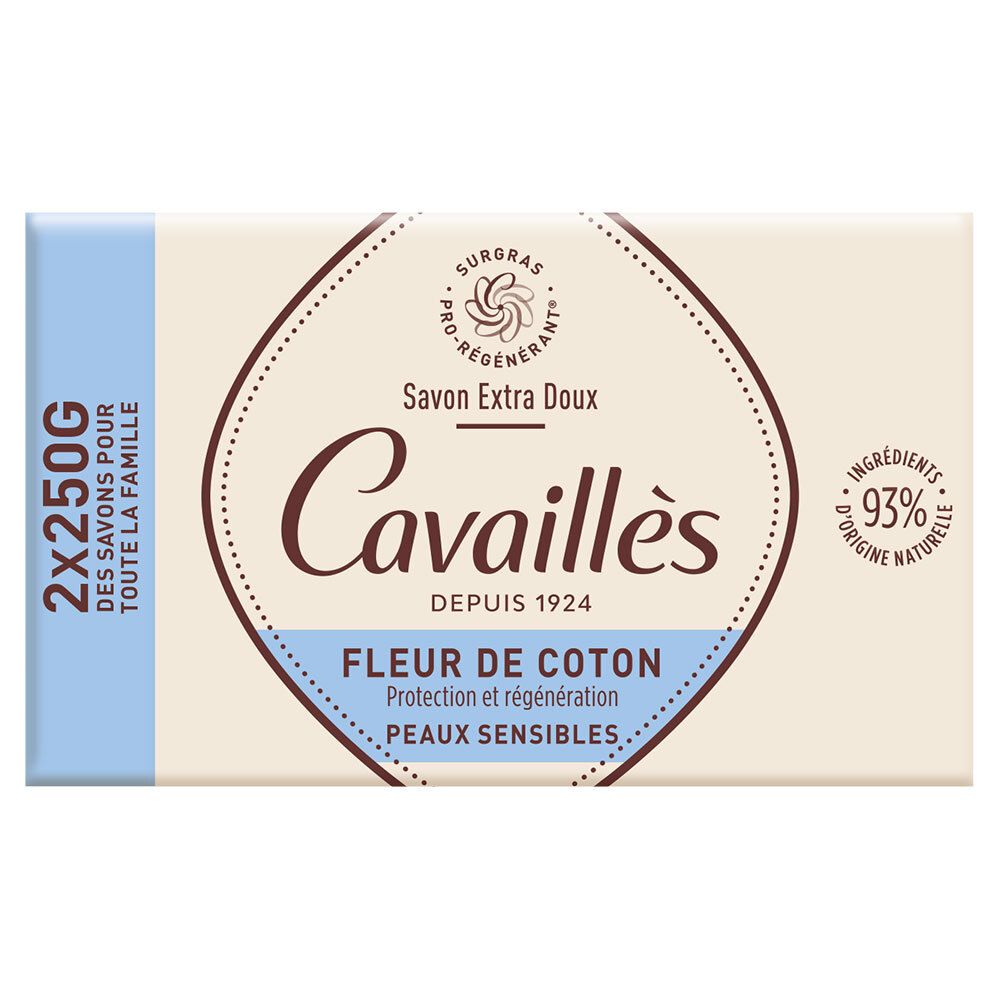 Savon Rogé Cavaillès. Savon rectangulaire avec 'Fleur de Coton'. Emballage de 2 savons. Ingrédients 93% d'origine naturelle.