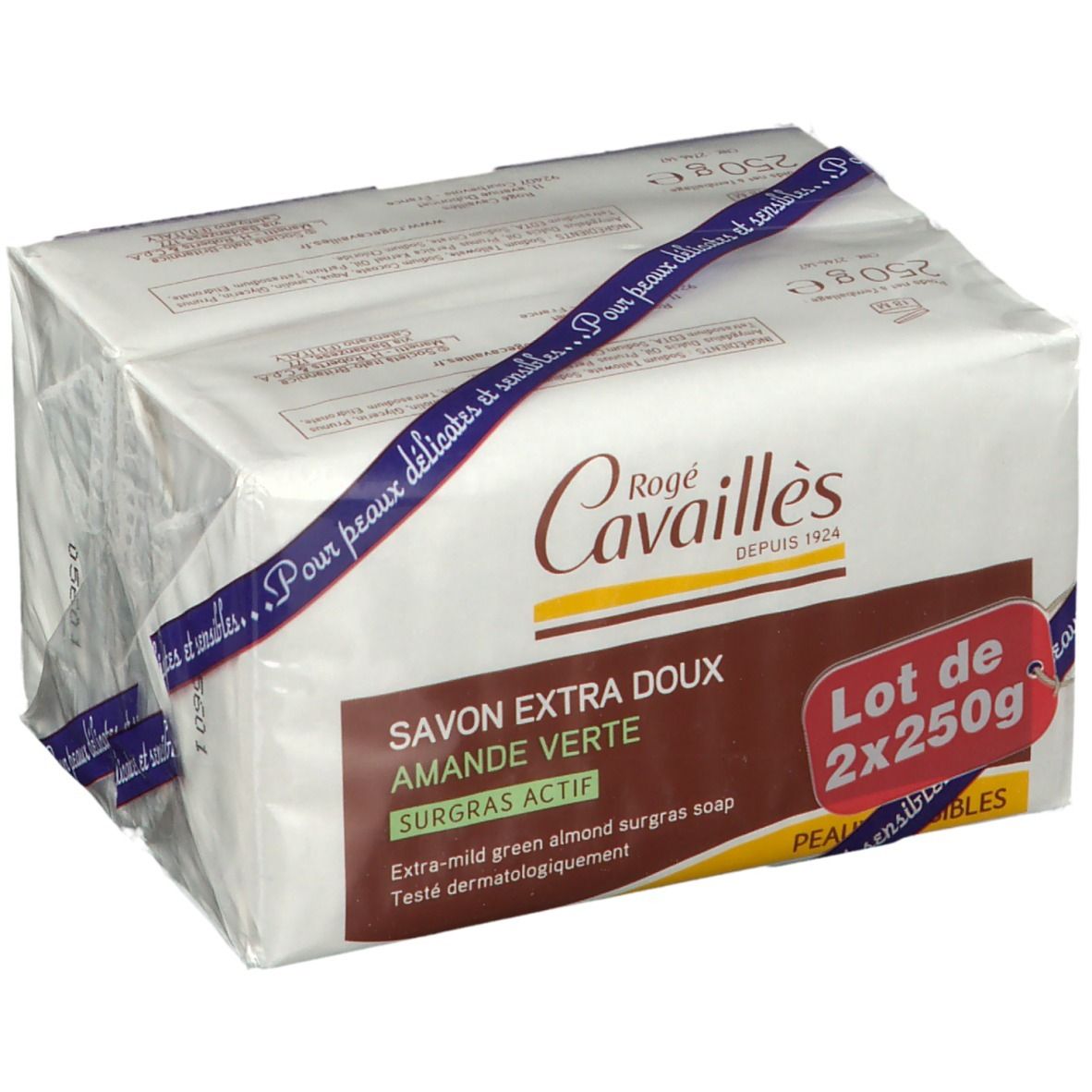 Verpackung mit zwei Seifenstücken. Aufschrift: Rogé Cavaillès, Savon Extra Doux, Amande Verte. Lot de 2x250g.
