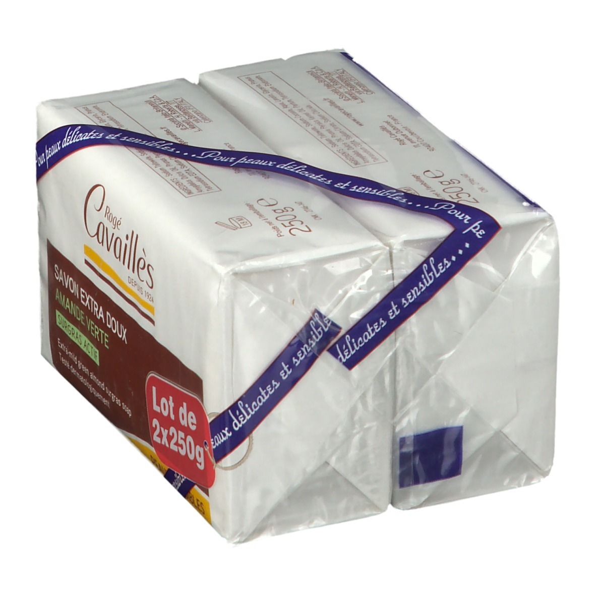 Zwei Seifenstücke in Verpackung. Aufschrift: Rogé Cavaillès, Savon Extra Doux, Amande Verte. Lot de 2x250g.