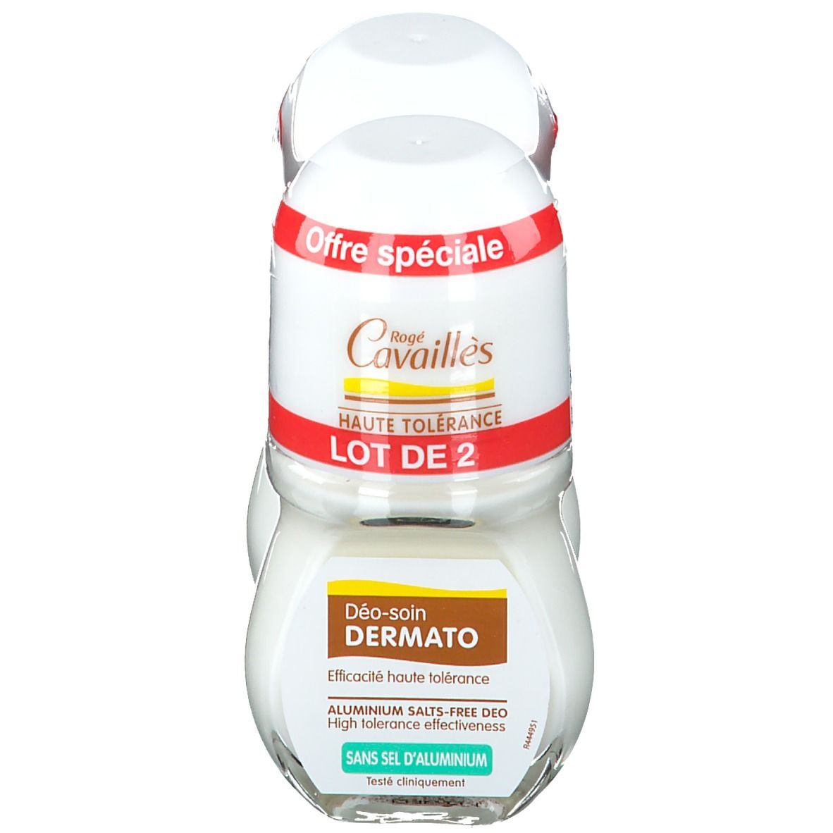 Deux déodorants roll-on blancs, étiquettes rouges et jaunes. Texte: Offre spéciale, Haute tolérance, LOT DE 2, Déo-soin DERMATO.