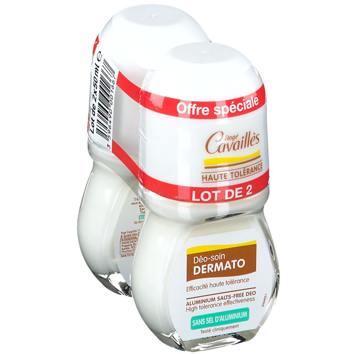 Deux déodorants roll-on en emballage. Texte: Offre spéciale, LOT DE 2, Déo-soin DERMATO, Sans sel d'aluminium.