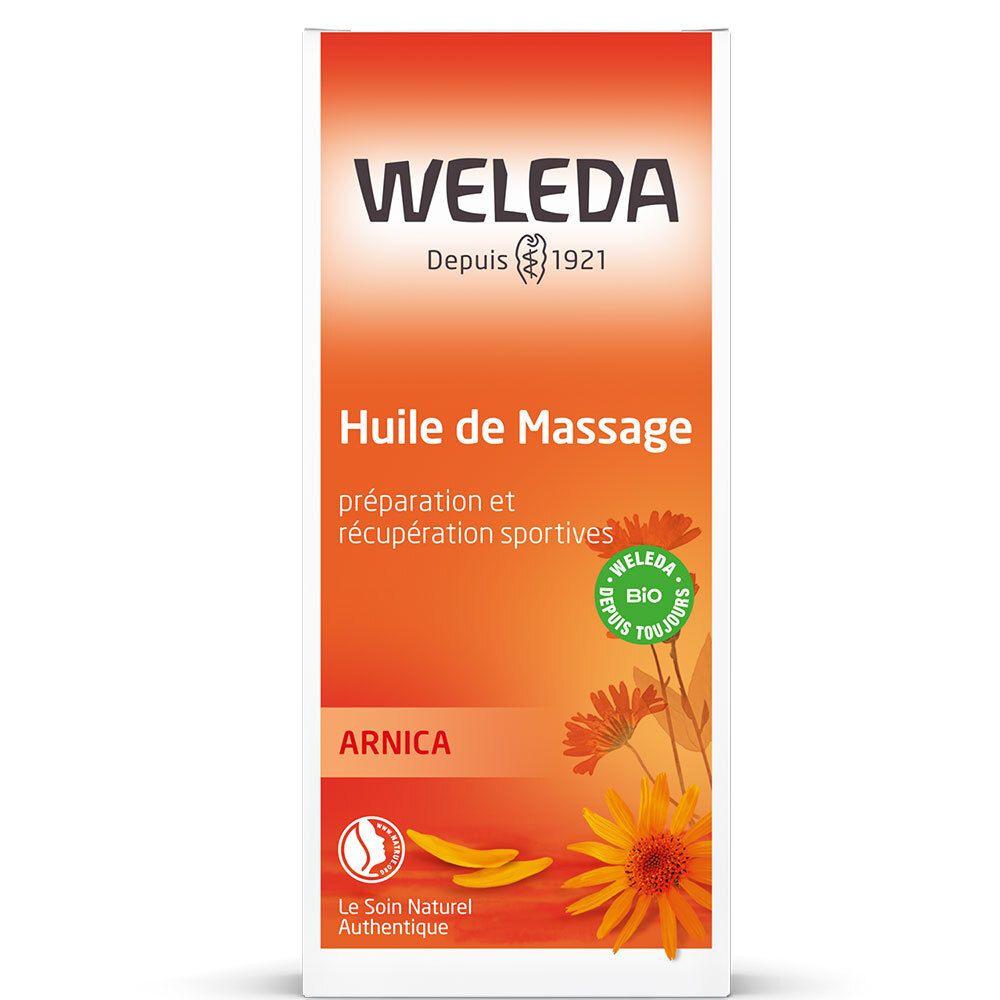 Weleda Arnika-Massageöl. Orangefarbene Verpackung mit Produktnamen und Logo. Bio-Zertifizierung.