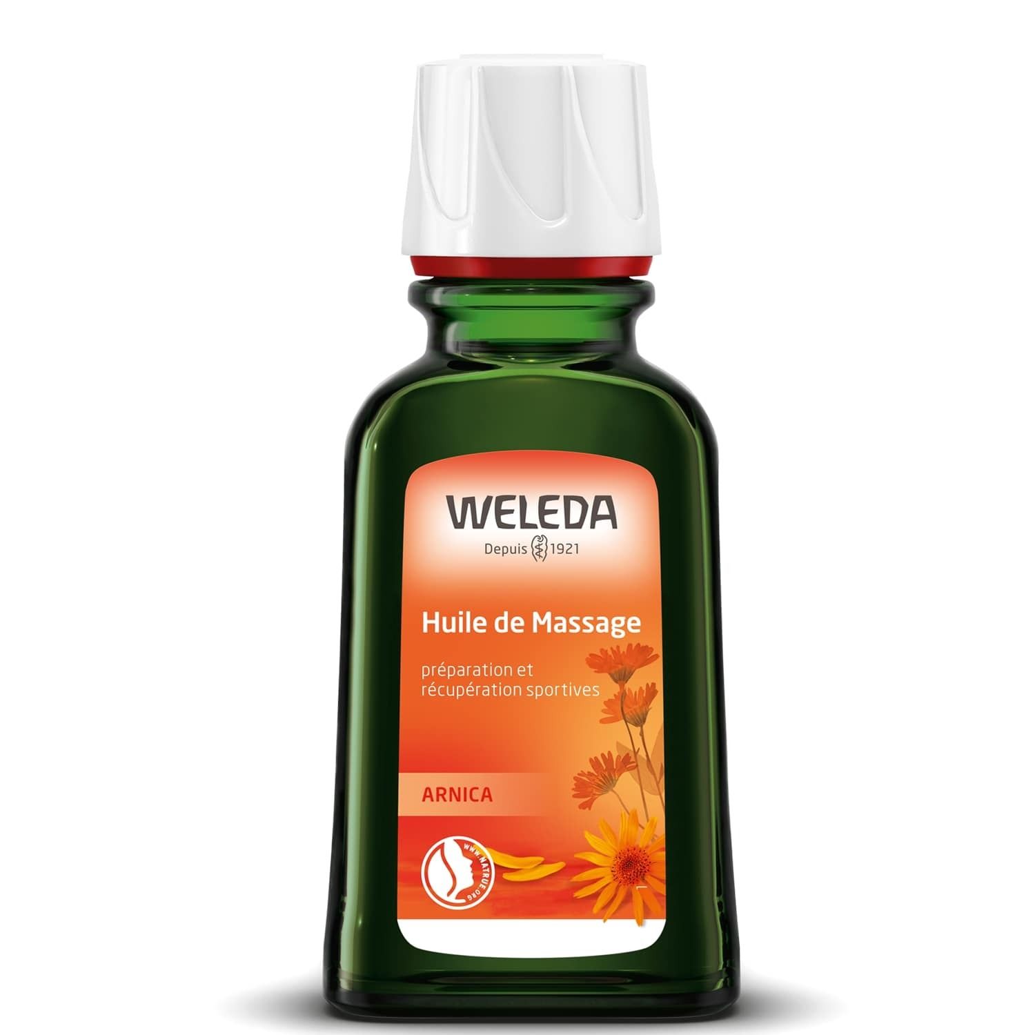 Weleda Massageöl-Flasche. Grüne Glasflasche mit weißem Deckel. Produktname und Logo sichtbar.