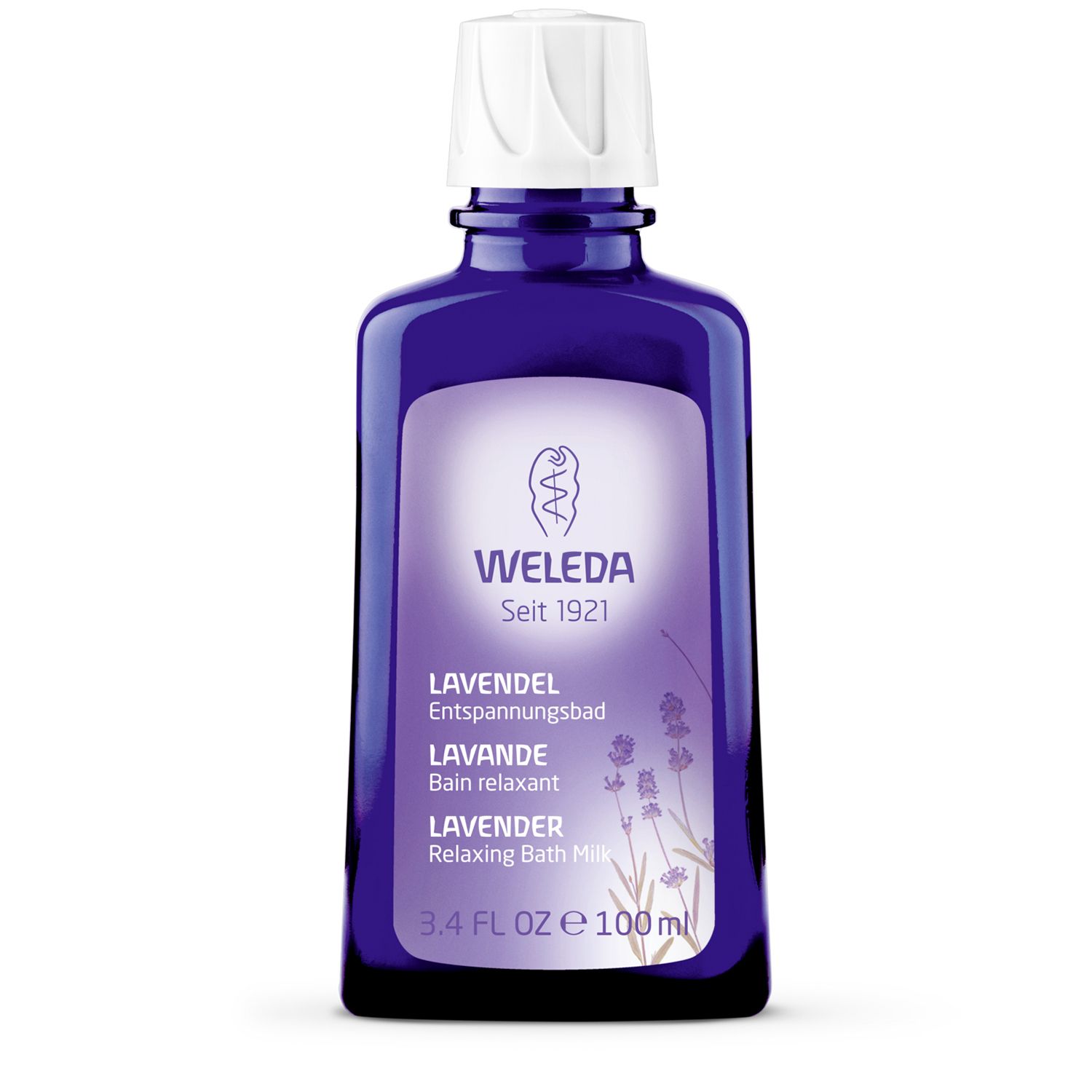 Violette Flasche mit weißem Verschluss. Produktetikett mit Logo und Produktnamen in Deutsch, Französisch und Englisch.