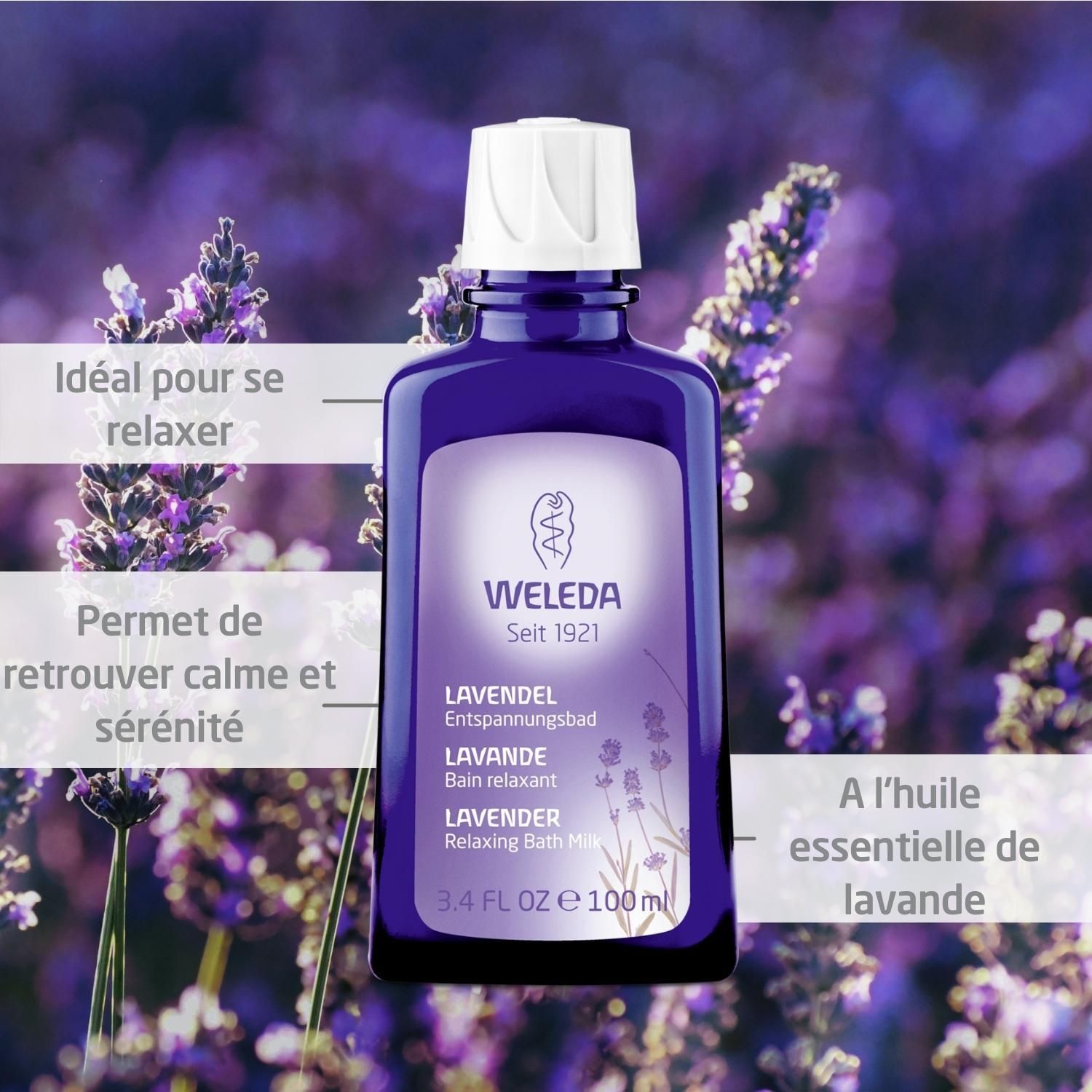 Violette Flasche mit weißem Verschluss, umgeben von Lavendelblüten. Produktetikett mit Logo und Produktnamen in mehreren Sprachen.