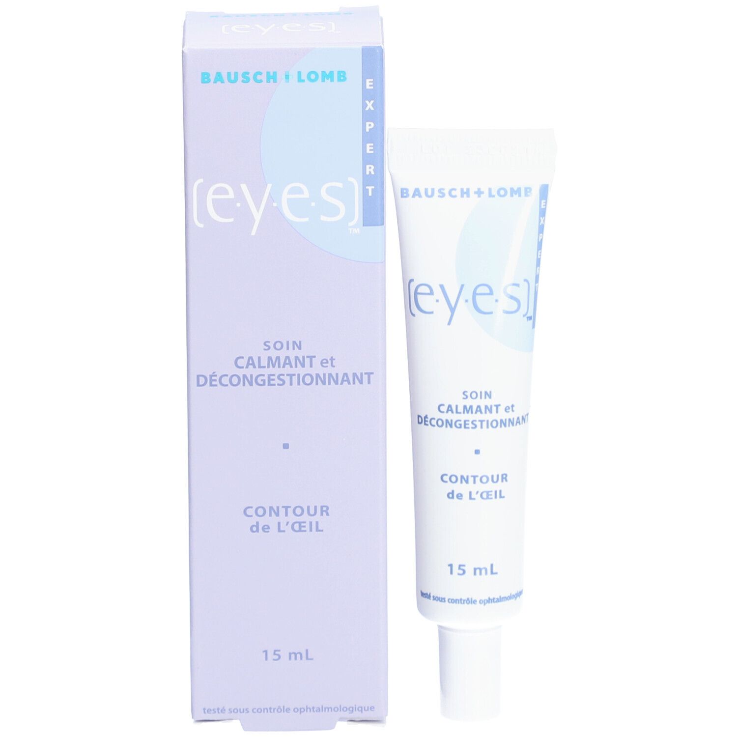 Product en verpakking. Merk: Bausch+Lomb. Tekst: Expert, (e.y.e.s), Soin Calmant et Décongestionnant, Contour de l'œil, 15 ml. Tube en doos.