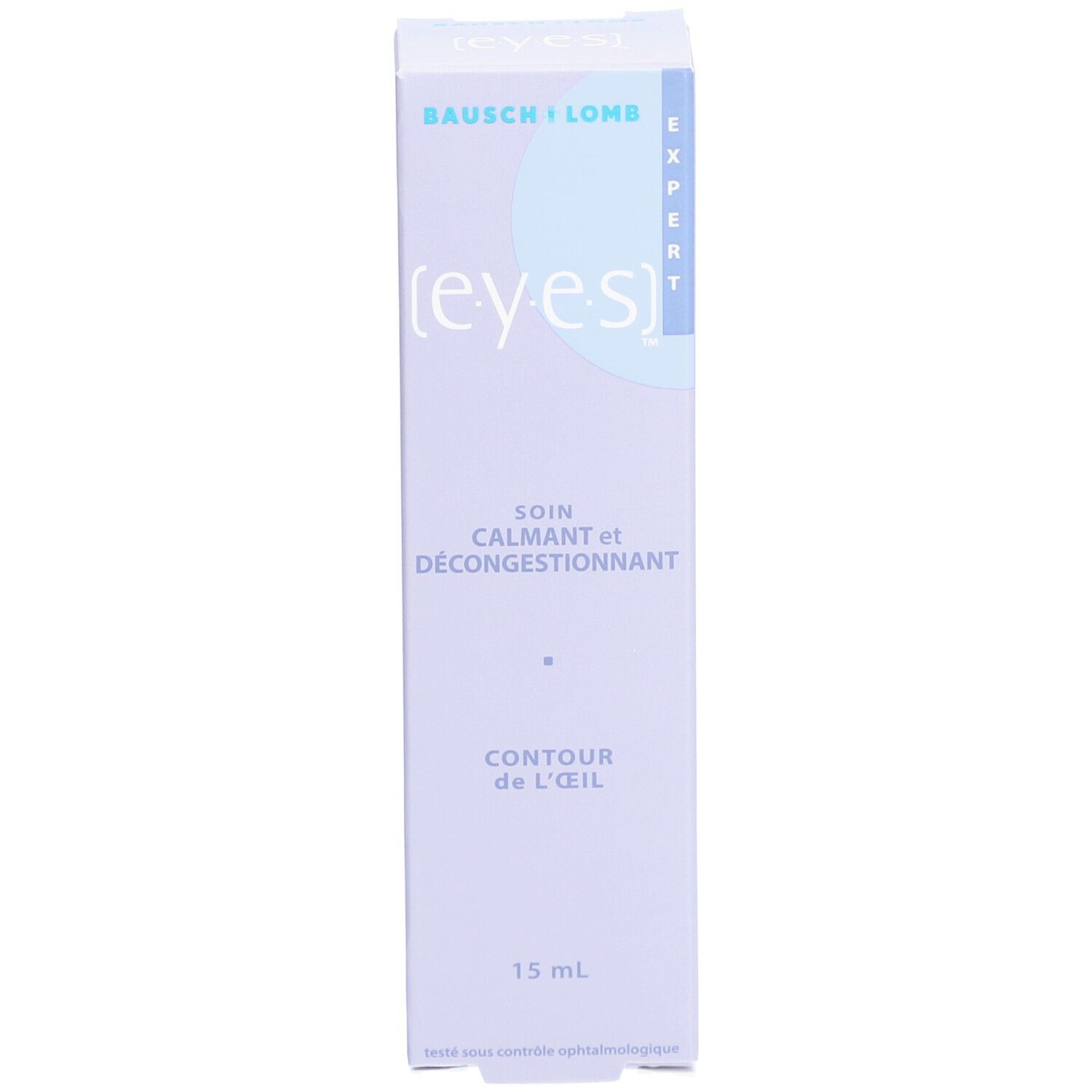 Verpakking. Merk: Bausch+Lomb. Tekst: Expert, (e.y.e.s), Soin Calmant et Décongestionnant, Contour de l'œil, 15 ml. Hoge, smalle doos.