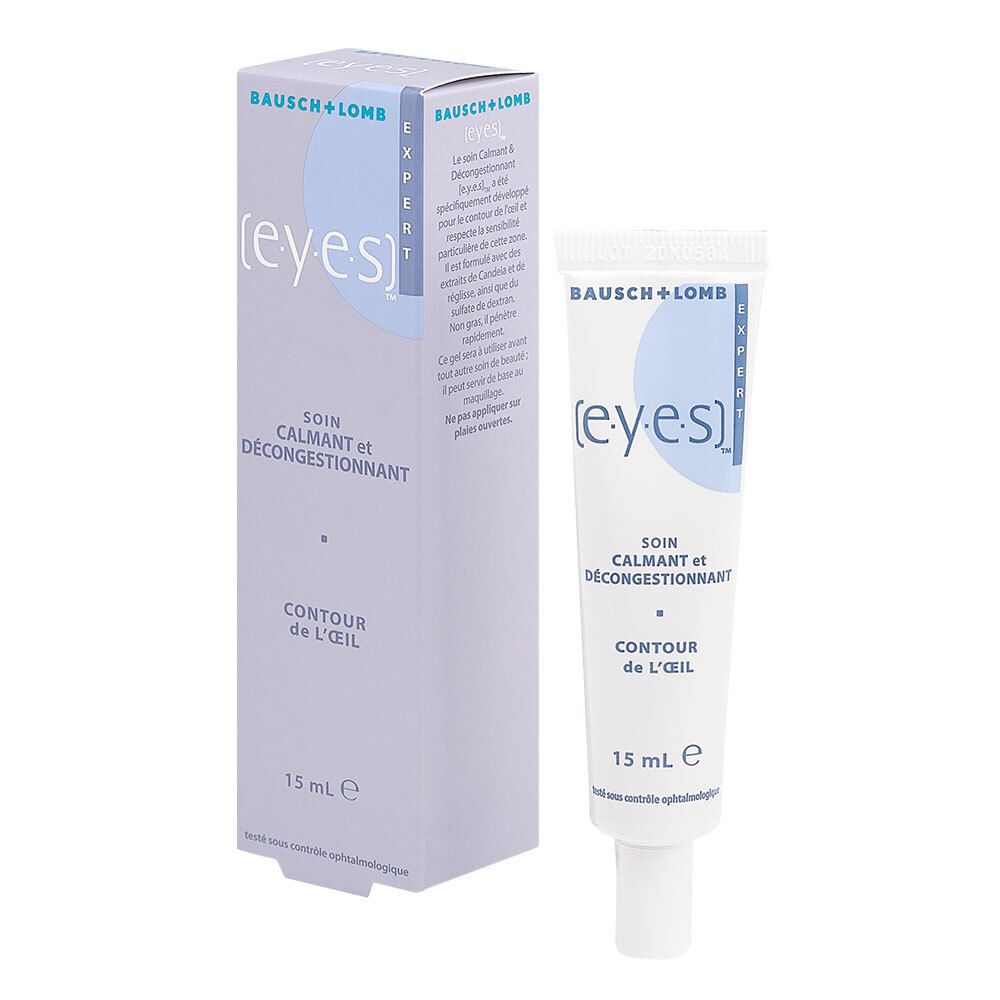 Product en verpakking. Merk: Bausch+Lomb. Tekst: Expert, (e.y.e.s), Soin Calmant et Décongestionnant, Contour de l'œil, 15 ml. Tube en doos.
