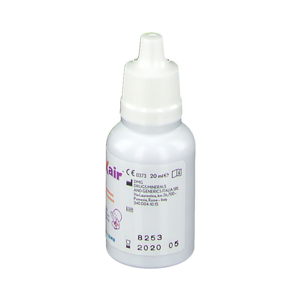 Weiße Flasche mit Tropfen. Produktname und Text in Deutsch, Französisch, Niederländisch. Zeigt CE-Kennzeichnung und Verfallsdatum.