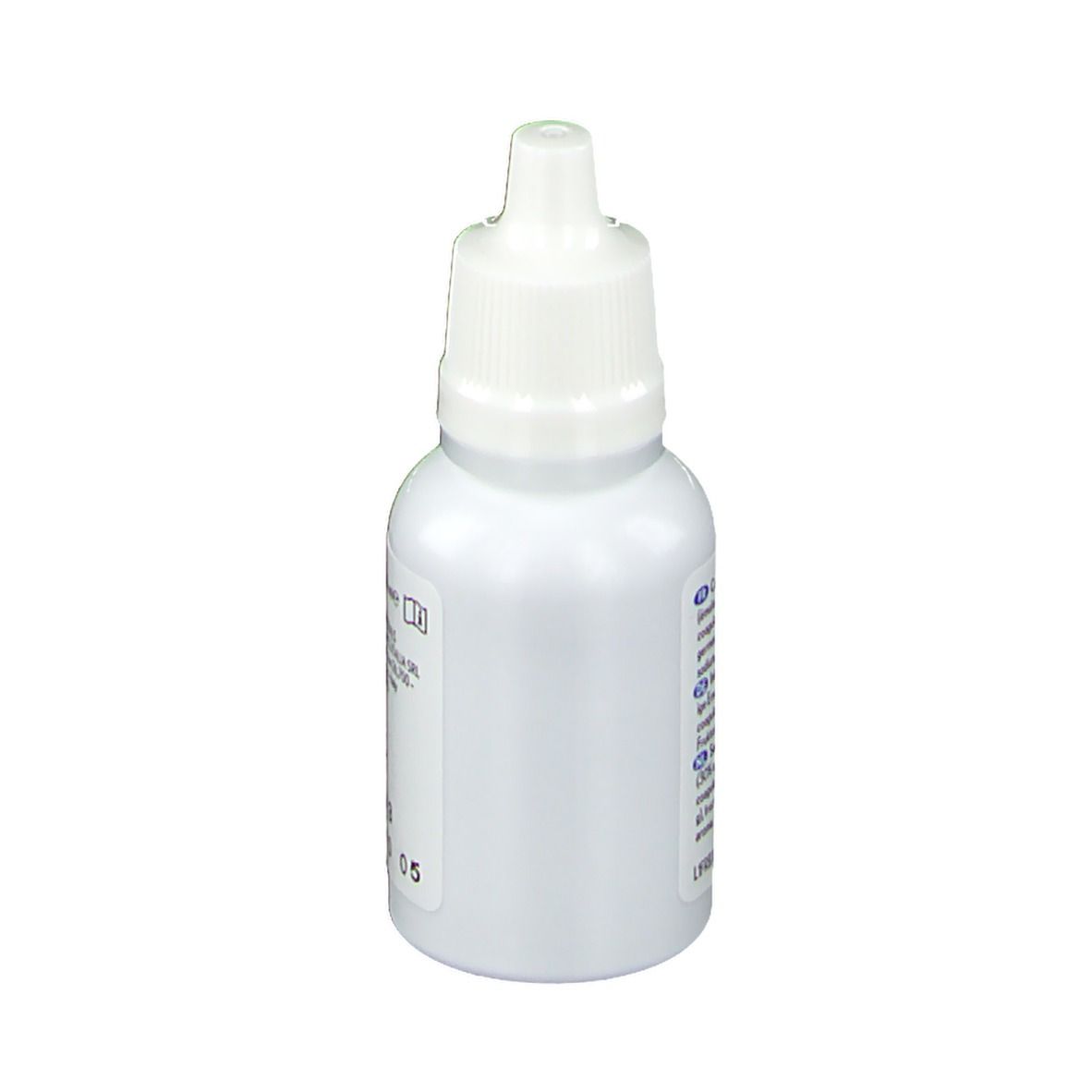 Weiße Flasche mit Tropfen. Produktname und Text in Deutsch, Französisch, Niederländisch. Zeigt CE-Kennzeichnung und Verfallsdatum.