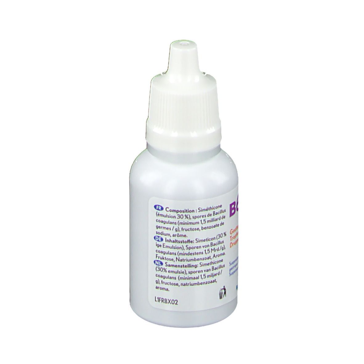 Weiße Flasche mit Tropfen. Produktname und Text in Deutsch, Französisch, Niederländisch. Zeigt CE-Kennzeichnung und Verfallsdatum.