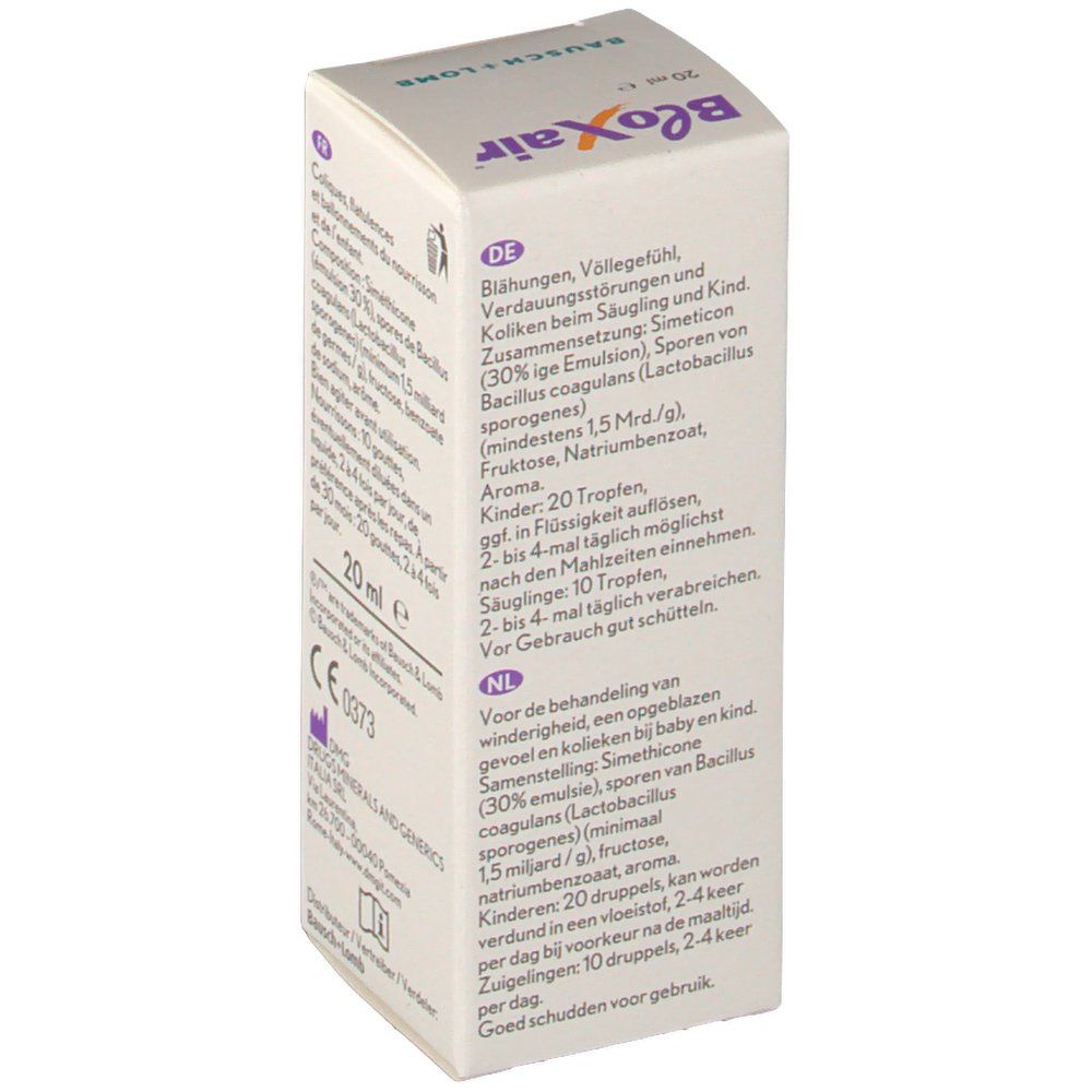 Karton mit Produktinformationen. Enthält Text in Deutsch, Französisch, Niederländisch. Zeigt CE-Kennzeichnung und Herstelleradresse.