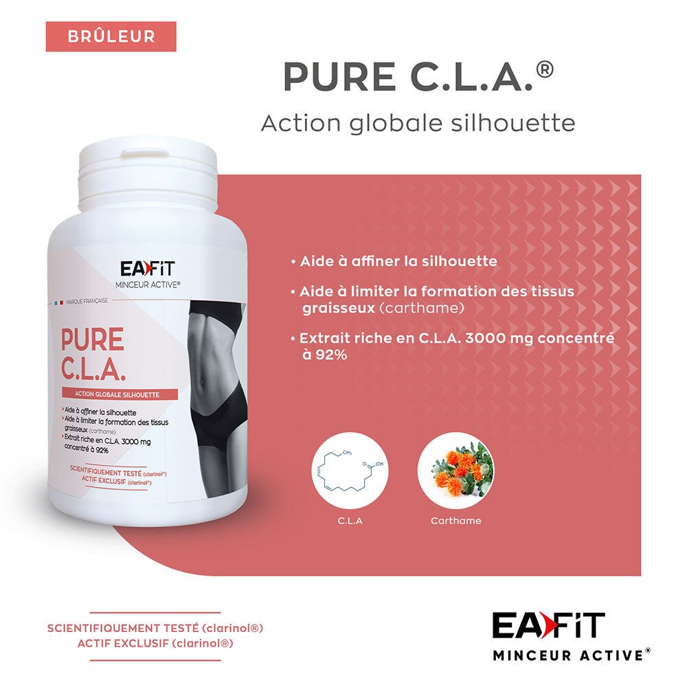 Weiße Flasche mit Kapseln. Aufschrift: Pure C.L.A. Action globale silhouette. Diagramme. Logo EA Fit. Brûleur.