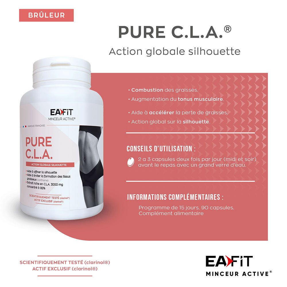 Weiße Flasche mit Kapseln. Aufschrift: Pure C.L.A. Action globale silhouette. Text. Logo EA Fit. Brûleur.