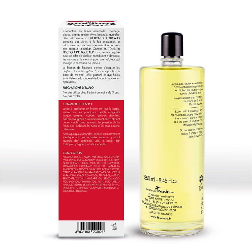 Rückseite der Flasche FRICITION DE FOUCAUD. Text in Französisch. 250 ml. 7 Huiles essentielles 100% naturelles.
