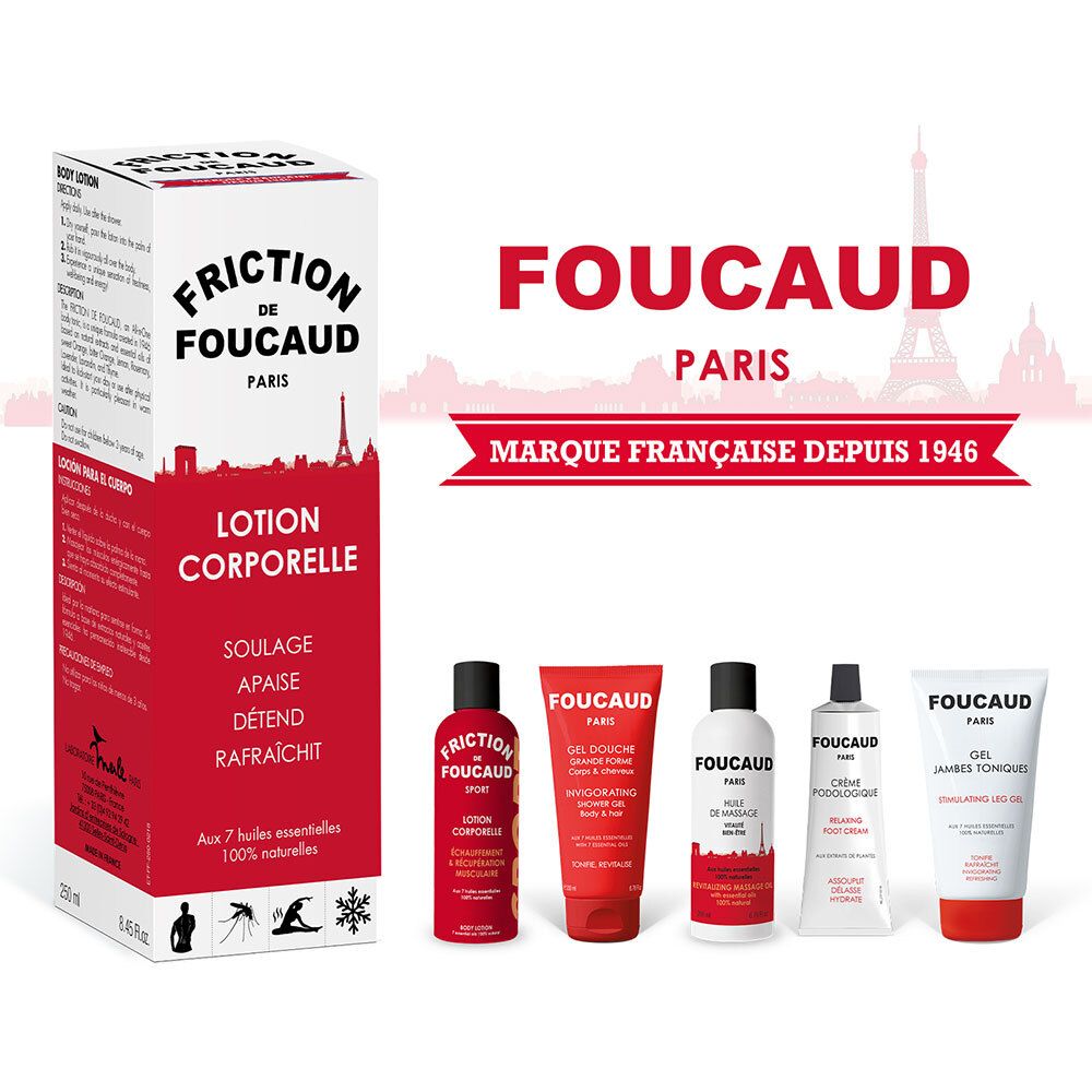 Verschiedene FRICITION DE FOUCAUD Produkte. Lotion Corporelle. Text in Französisch. Marke Française Depuis 1946.