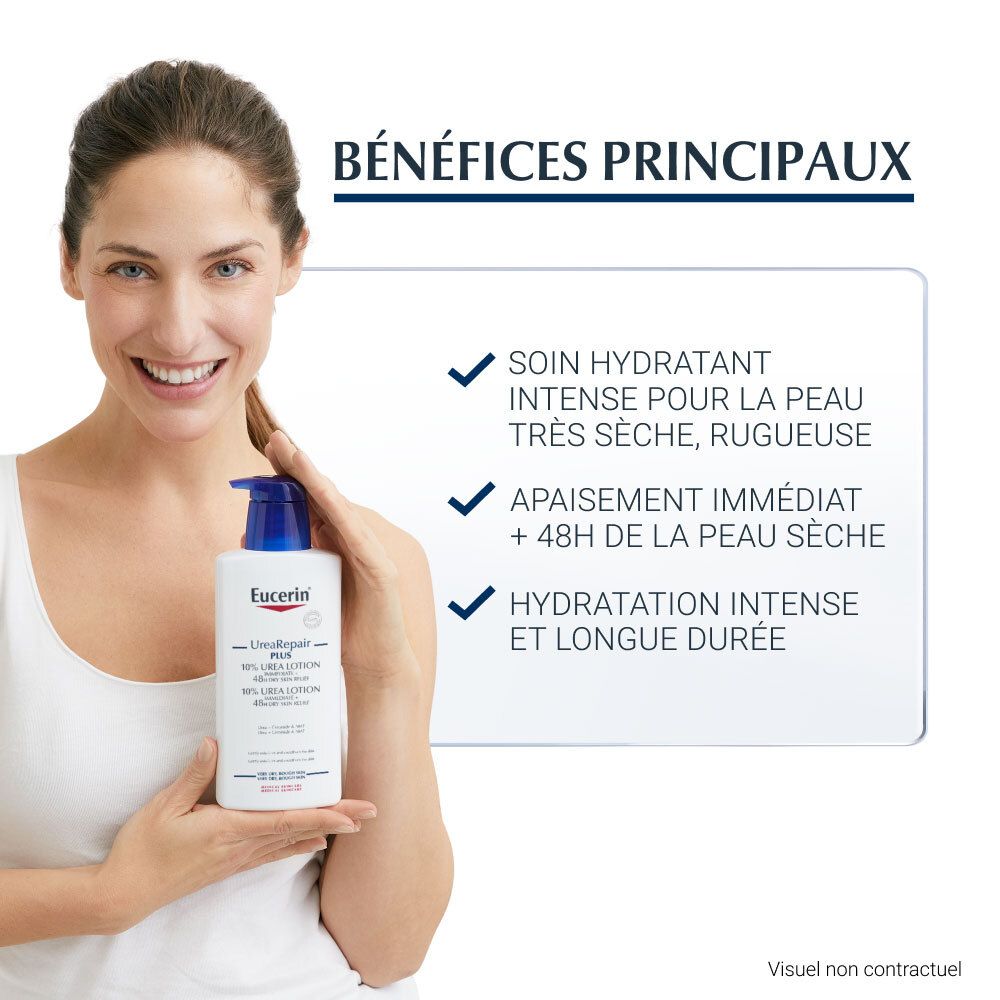 Femme tenant Eucerin UreaRepair PLUS Emollient 10% d'Urée. Texte : Bénéfices principaux.