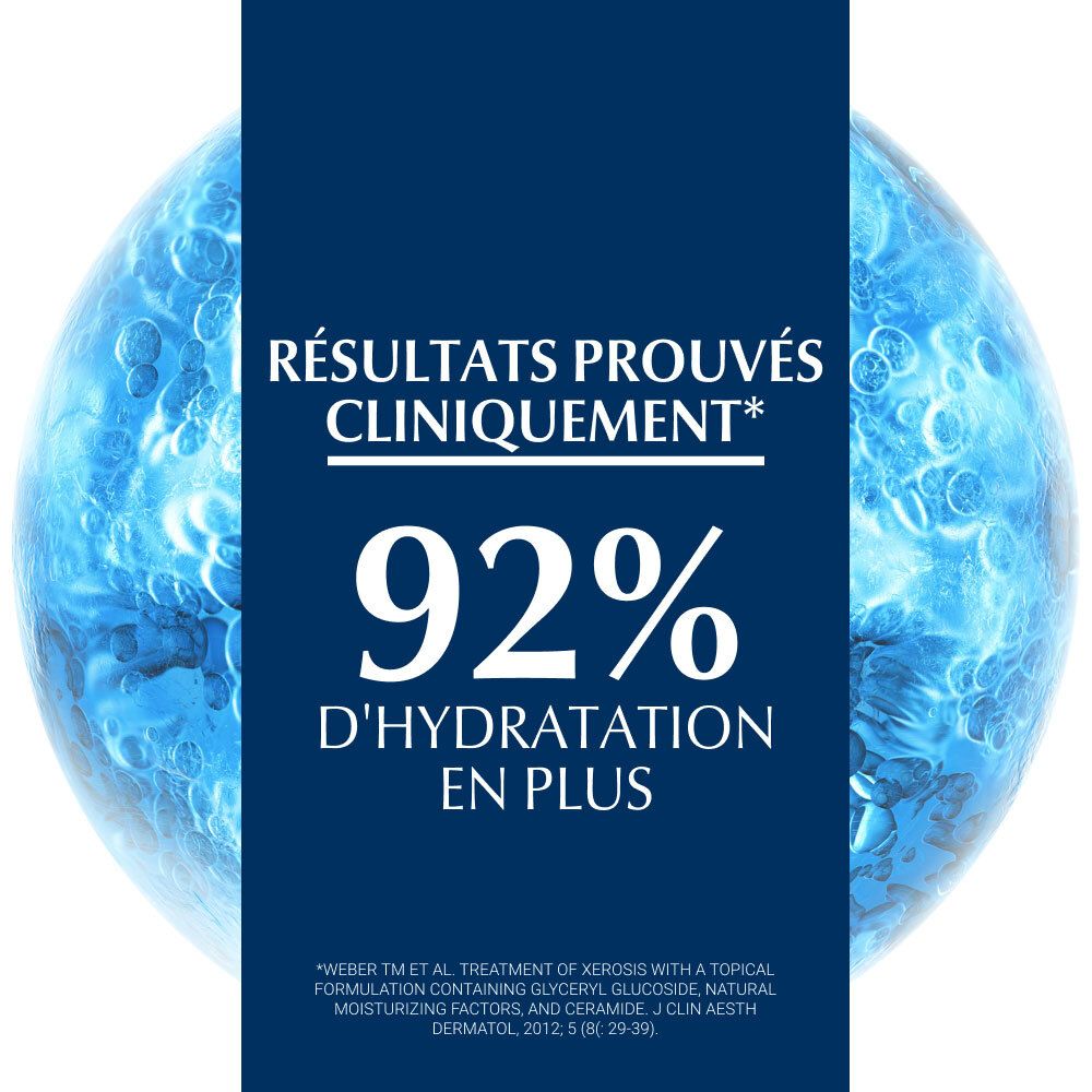 Fond bleu avec texte : Résultats prouvés cliniquement. 92% d'hydratation en plus.