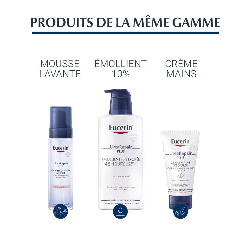 Produits de la même gamme : Mousse lavante, Emollient 10%, crème mains. Flacons blancs.