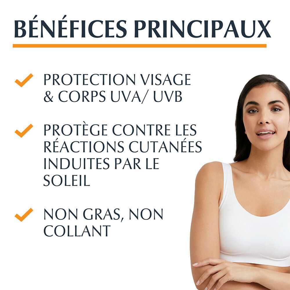 Graphique des avantages: protection UVA/UVB, protection des réactions cutanées, non gras. Femme en haut blanc.