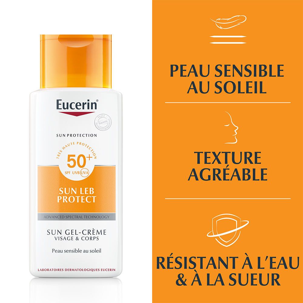 Flacon Eucerin Sun Leb Protect SPF 50. Texte: Peau sensible au soleil, texture agréable, résistant à l'eau.