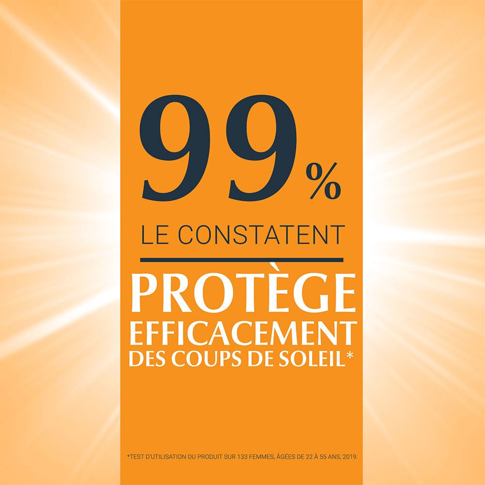 Texte: 99% le constatent, protège efficacement des coups de soleil. Fond orange.