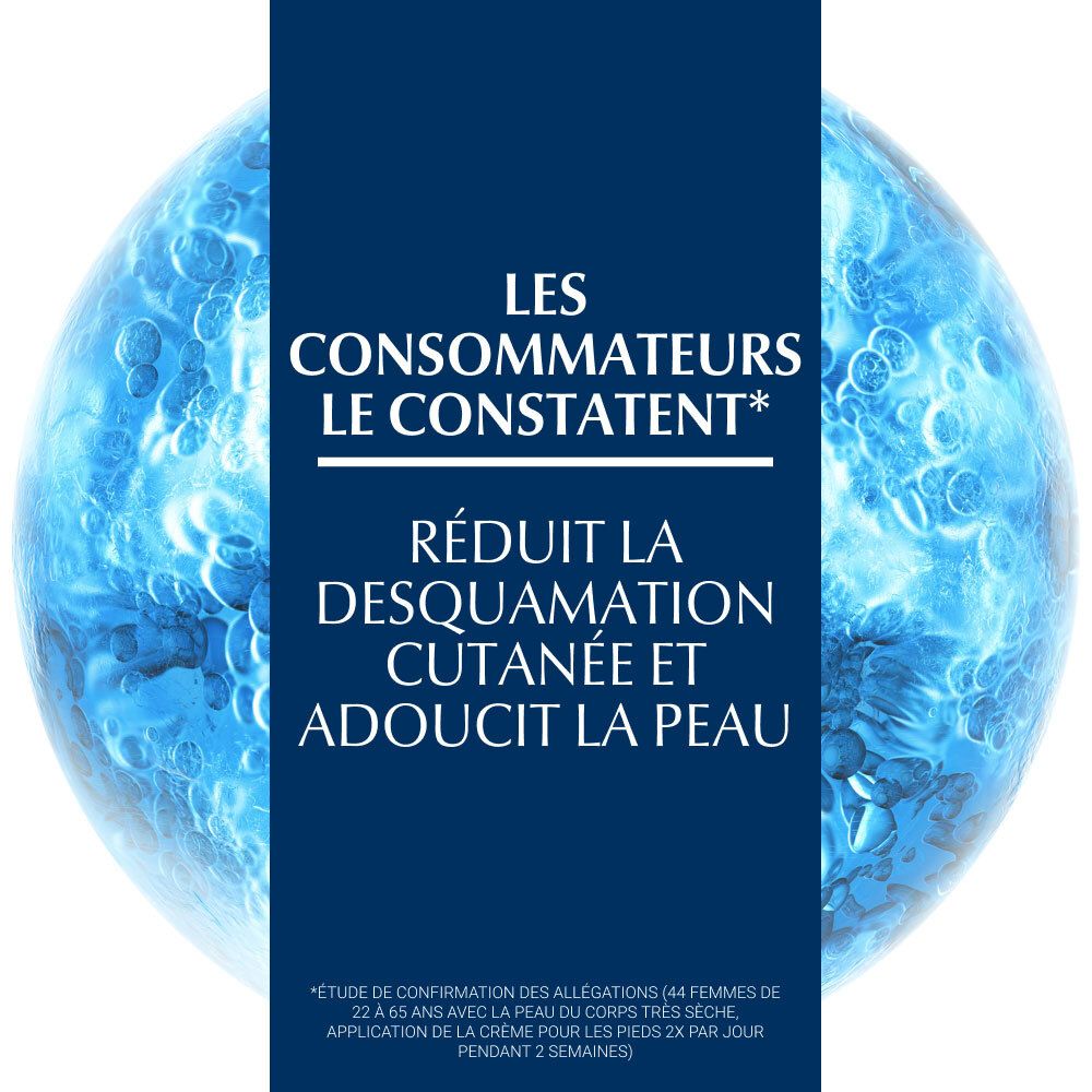 Fond bleu avec texte: Les consommateurs le constatent. Réduit la desquamation cutanée et adoucit la peau.