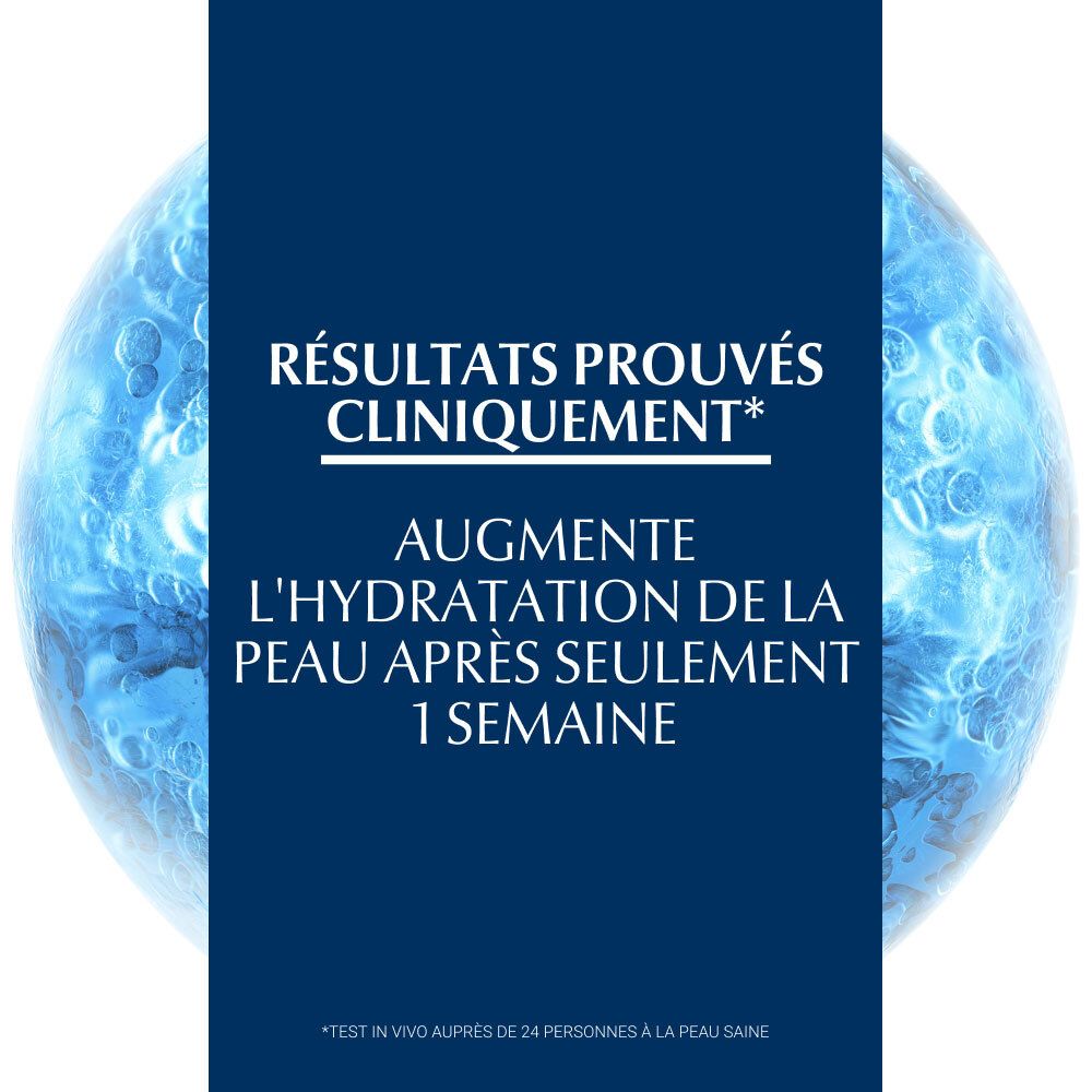 Texte: Résultats prouvés cliniquement. Augmente l'hydratation de la peau après seulement 1 semaine.