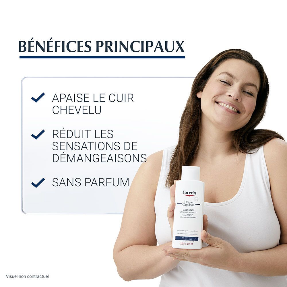Frau hält Eucerin DermoCapillaire Shampoo. Text: lindert Kopfhaut, reduziert Juckreiz, ohne Duft.