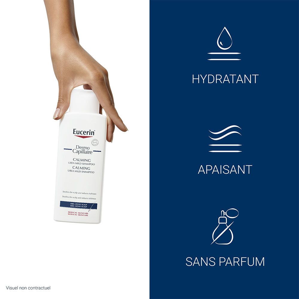 Hand hält Eucerin DermoCapillaire Shampoo. Text: hydratisierend, beruhigend, ohne Duft.
