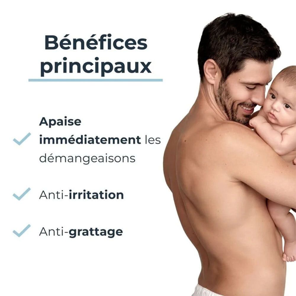 Un homme tient un bébé. Texte: Avantages principaux: Apaise immédiatement les démangeaisons, anti-irritation, anti-grattage.