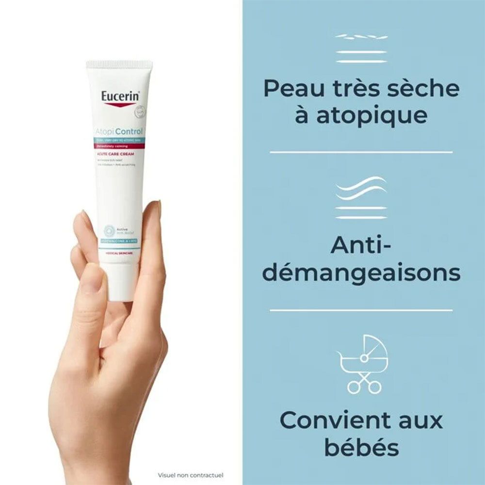Main tenant un tube Eucerin AtopiControl. Texte: Peau très sèche à atopique. Anti-démangeaisons. Convient aux bébés.
