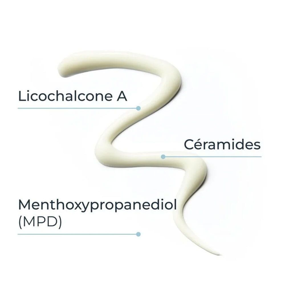 Fil de crème. Texte: Licochalcone A, Céramides, Menthoxypropanediol (MPD).